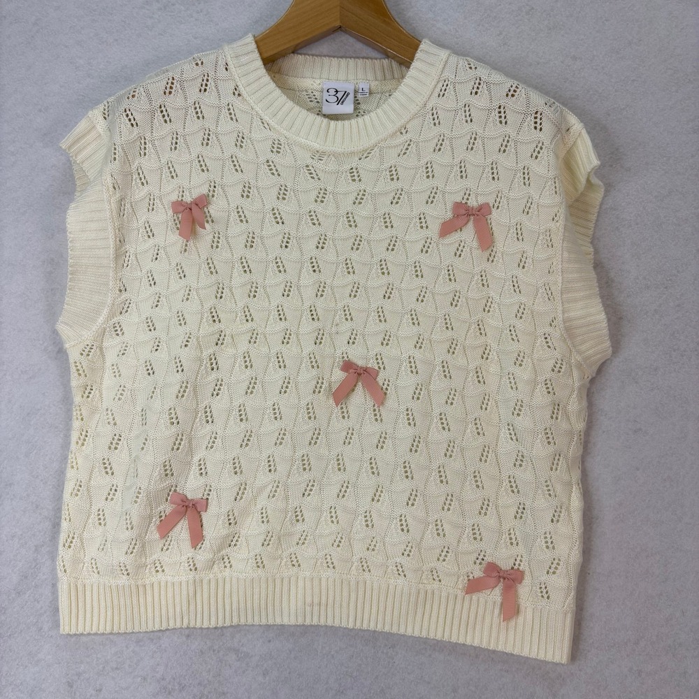 Ivory Knit Pointelle Bow Sweater Vest Womens Large Coquette Grandma Soft Girl